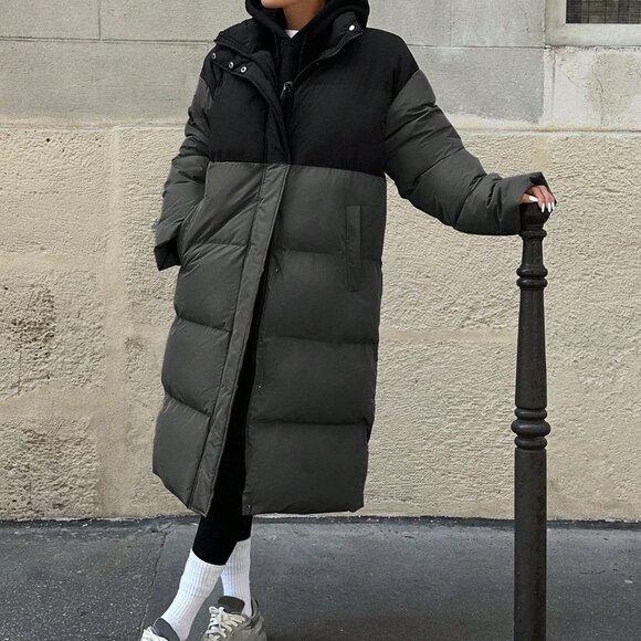 Dark Grey Casual Women's Color Block Hooded Padded Coat - Picture 4 of 5